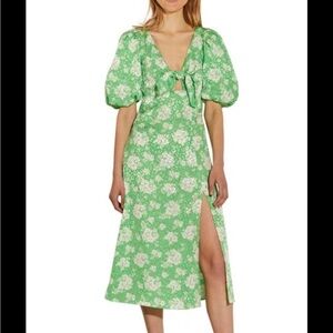 River Island Green White Floral Tie Front Dress Balloon Sleeves Split Size 12